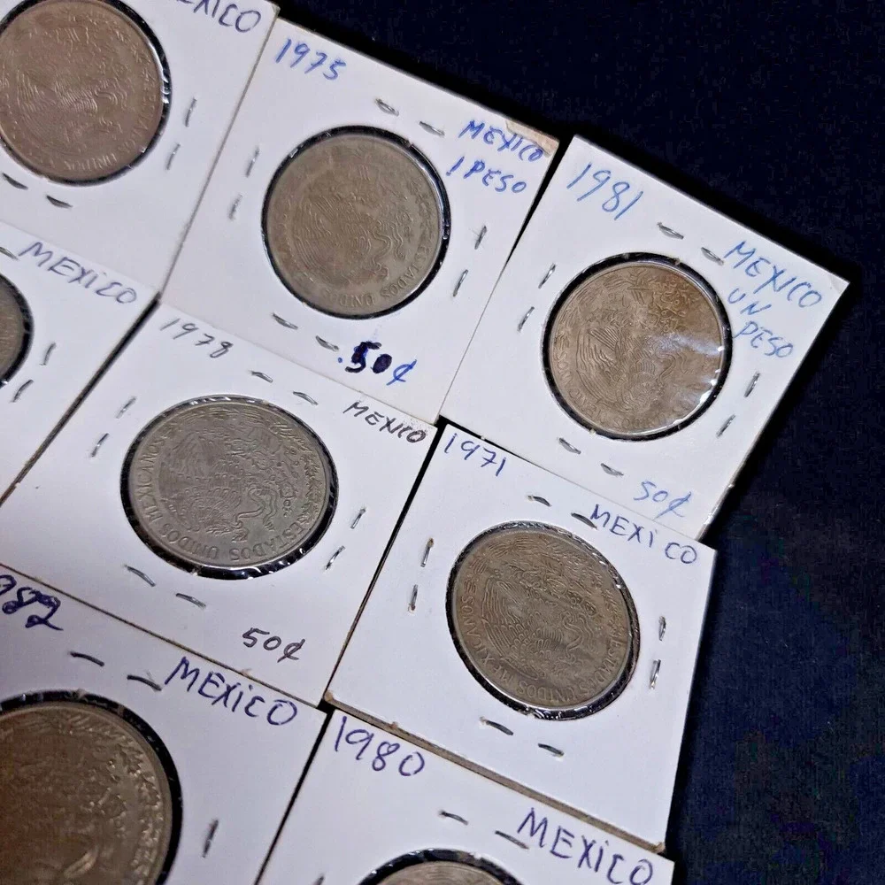 Lot Of 11 Old Vintage Mexican Un Peso Coins 1971 - 1982 Fine Mexico Pesos Coin